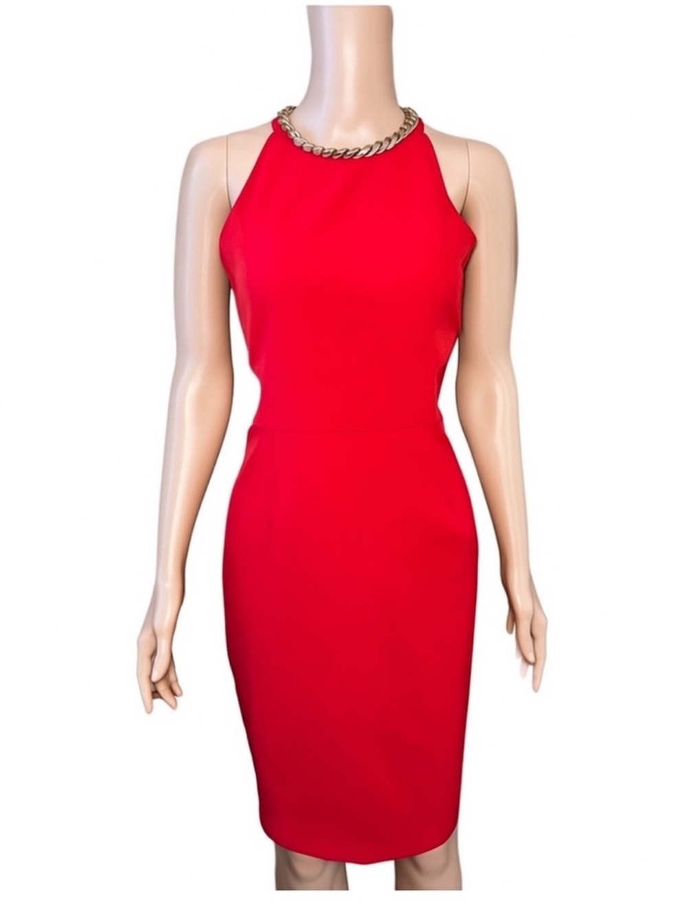 Red Sleeveless Chain-Neck Sheath Dress